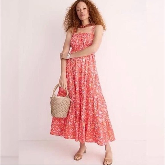 J. Crew Dresses & Skirts - J. Crew Ruffle Trim Tiered Maxi Dress XS Petite Sunny Blooms Coral Cottage NWT